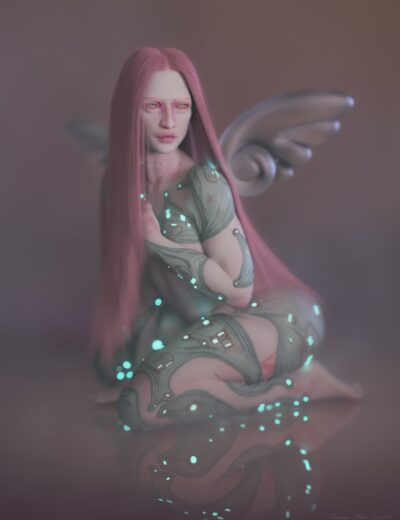 Ethereal spirit with metallic wings, glowing teal orbs, and flowing green attire in a misty dreamscape.