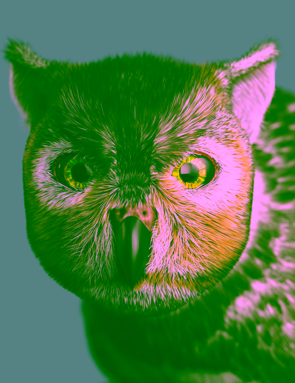 Fantasy owl-cat hybrid creature with realistic feathers, bright eyes, and expressive feline ears.