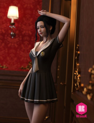 3D female character in elegant vintage room with sailor outfit, warm lighting, and luxurious decor.