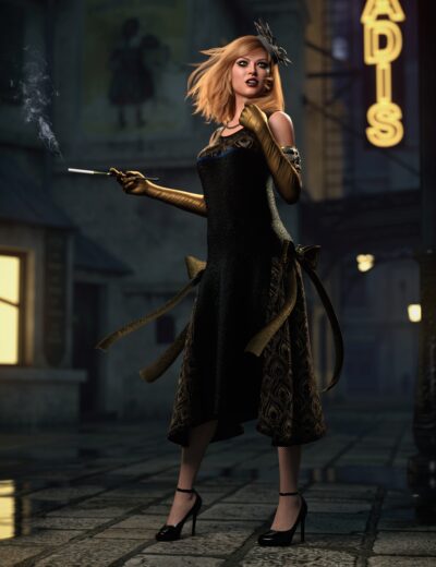 Elegant 1920s flapper woman on city street with cigarette holder and vintage nightlife ambiance.