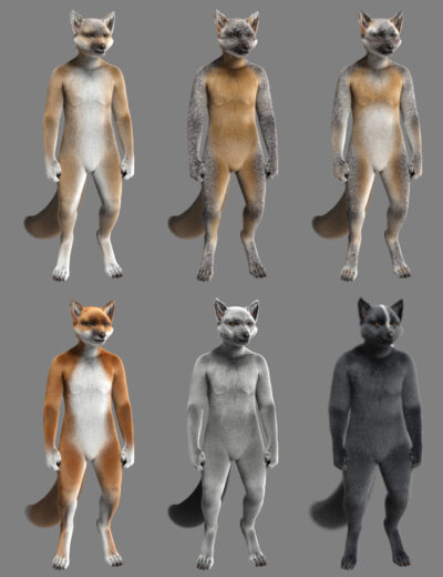 Collection of realistic anthropomorphic fox characters with diverse fur patterns for 3D art and animation.