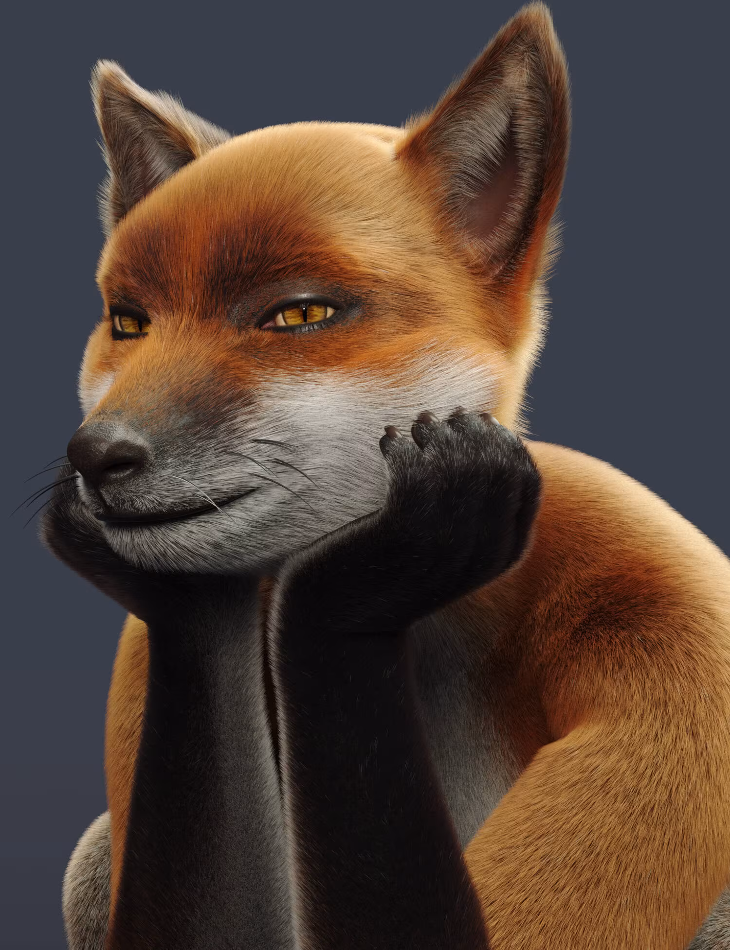 Realistic anthropomorphic fox portrait with detailed fur, expressive eyes, and playful, clever expression.