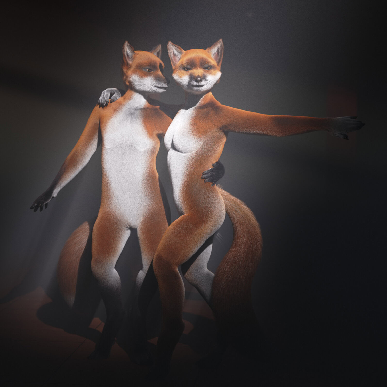 Anthropomorphic foxes in elegant dance pose with realistic fur, dramatic lighting, and cinematic charm.