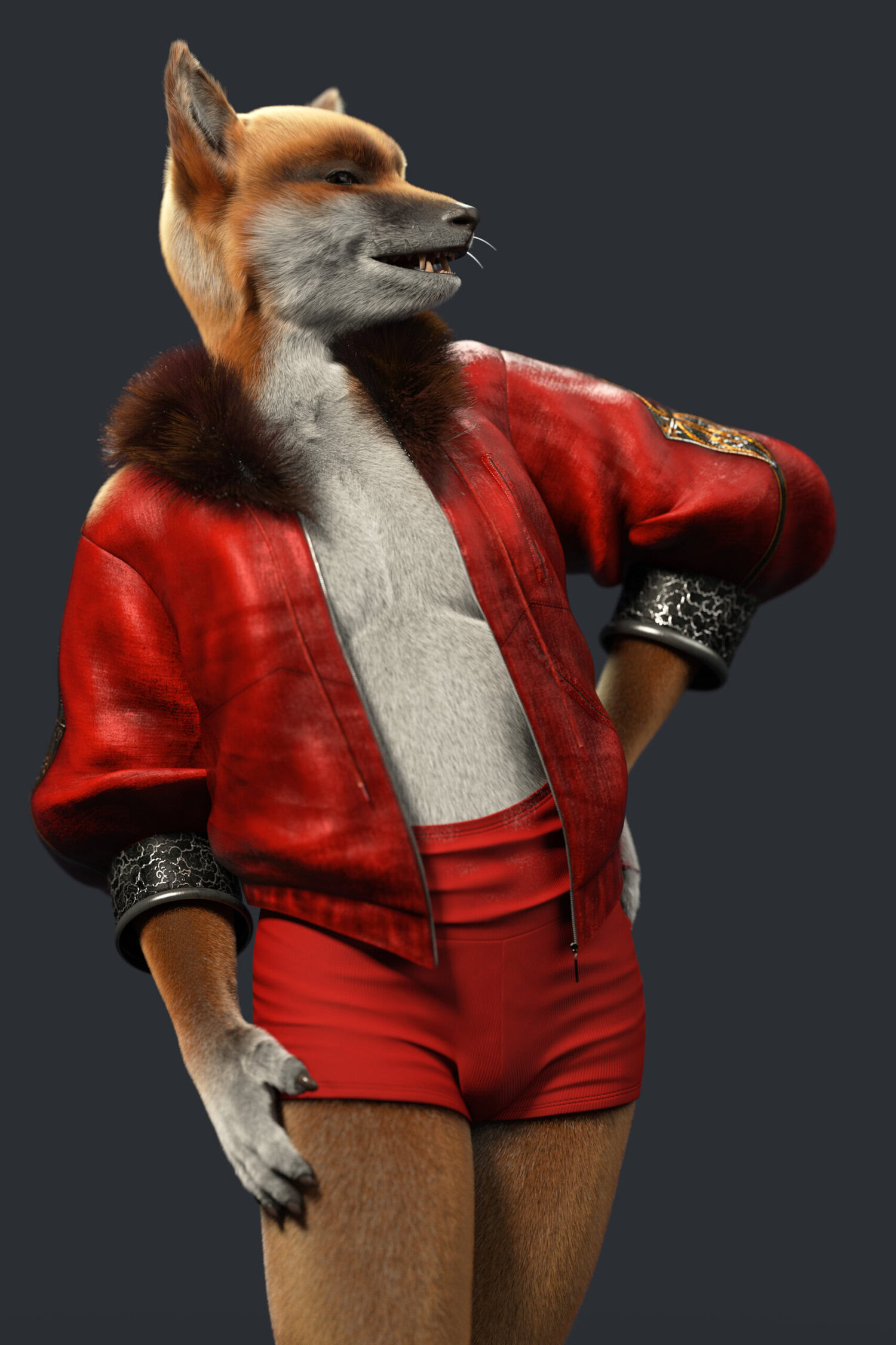Stylish anthropomorphic fox in red jacket and shorts exudes confidence and fashion flair.
