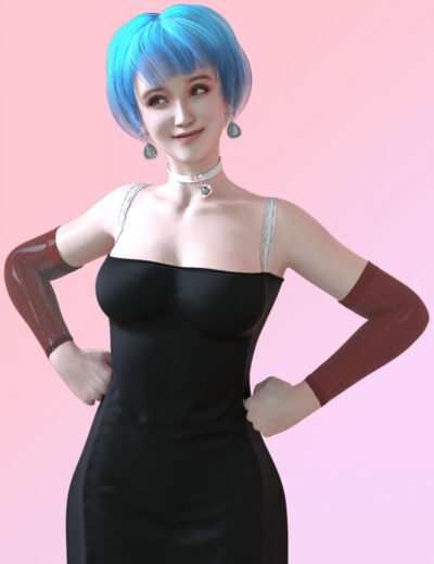 Futuristic woman with blue hair, black satin dress, red gloves, elegant jewelry against pink background.