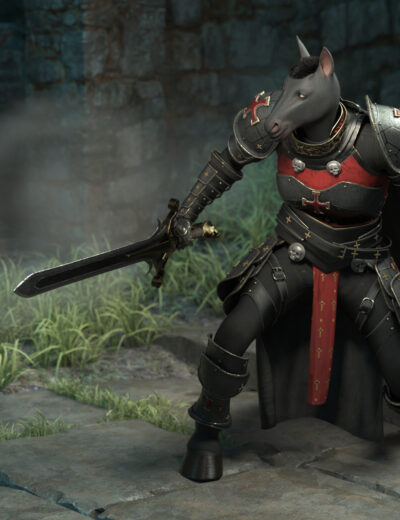 Dark horse-headed knight in armor wielding sword amidst eerie, ancient misty ruins.