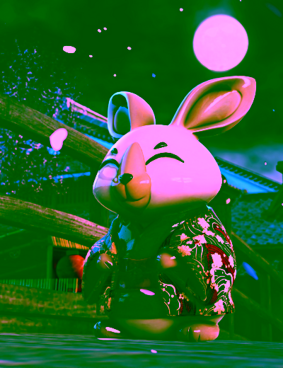 Japanese rabbit in kimono on bridge under full moon with cherry blossoms, serene folklore scene.