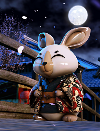 Japanese rabbit in kimono on bridge under full moon with cherry blossoms, serene folklore scene.