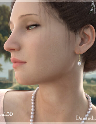 Elegant 3D woman portrait with pearls, floral accents, and serene outdoor backdrop.
