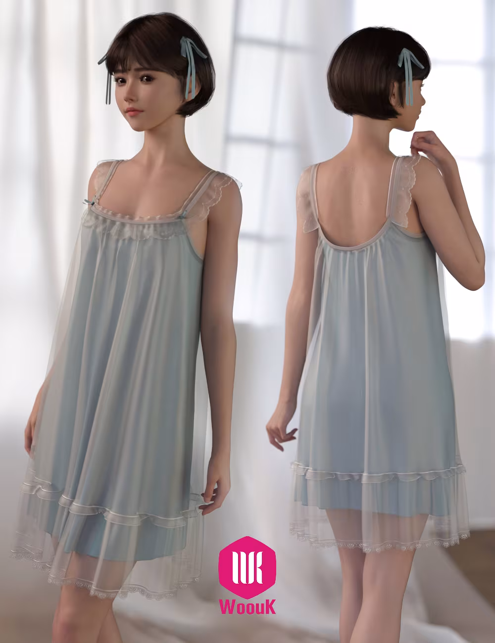 Serene woman in pastel blue lace chiffon sleepwear with ribbons in soft, elegant lighting.