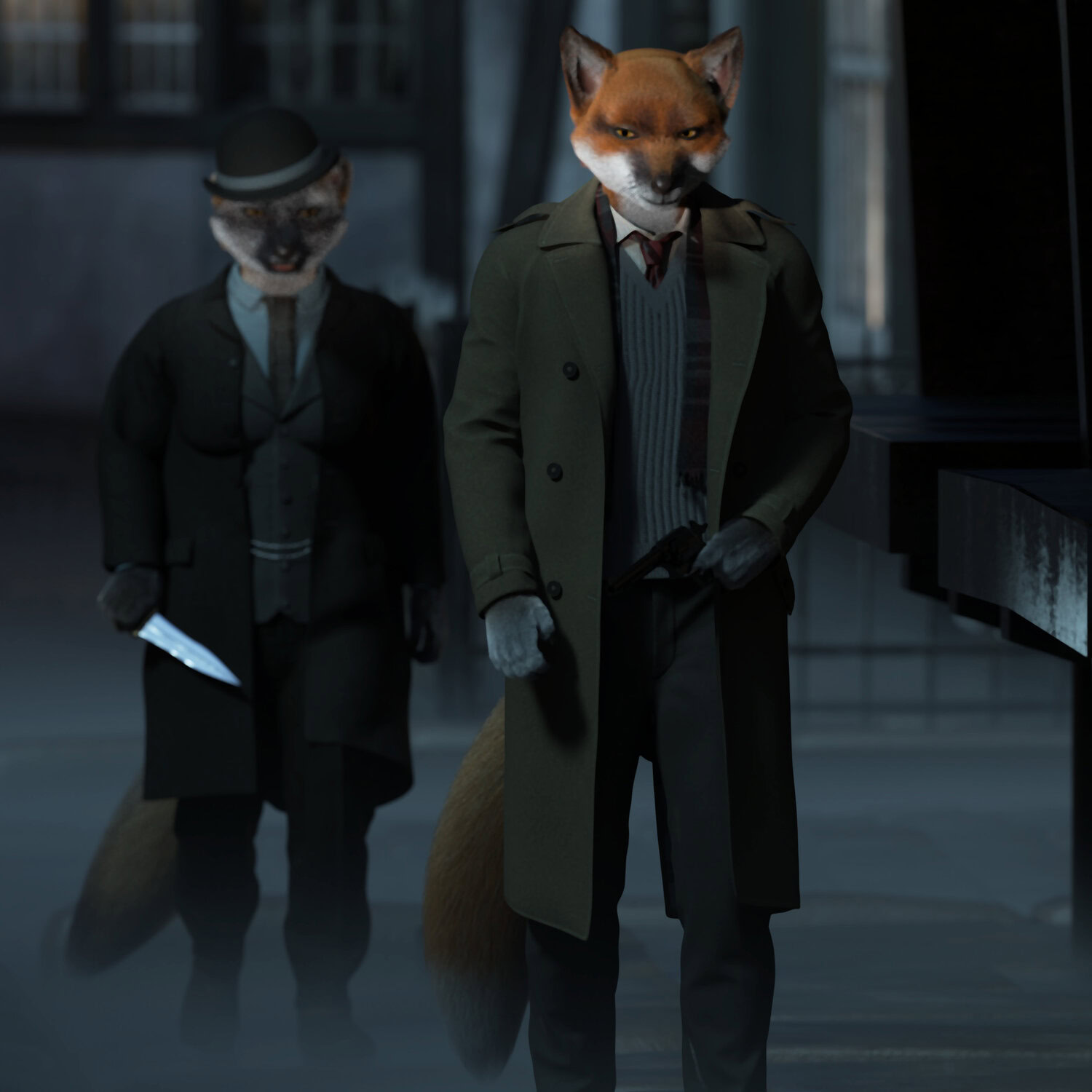 Dark urban alley scene with anthropomorphic foxes in noir detective style, tension and mystery.