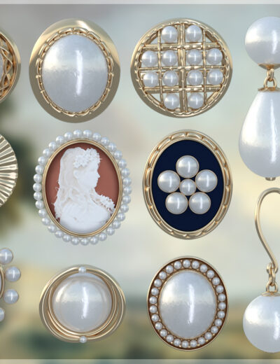 Elegant vintage pearl jewelry collection with brooches and dangle earrings Featuring classic gold and cameo designs.