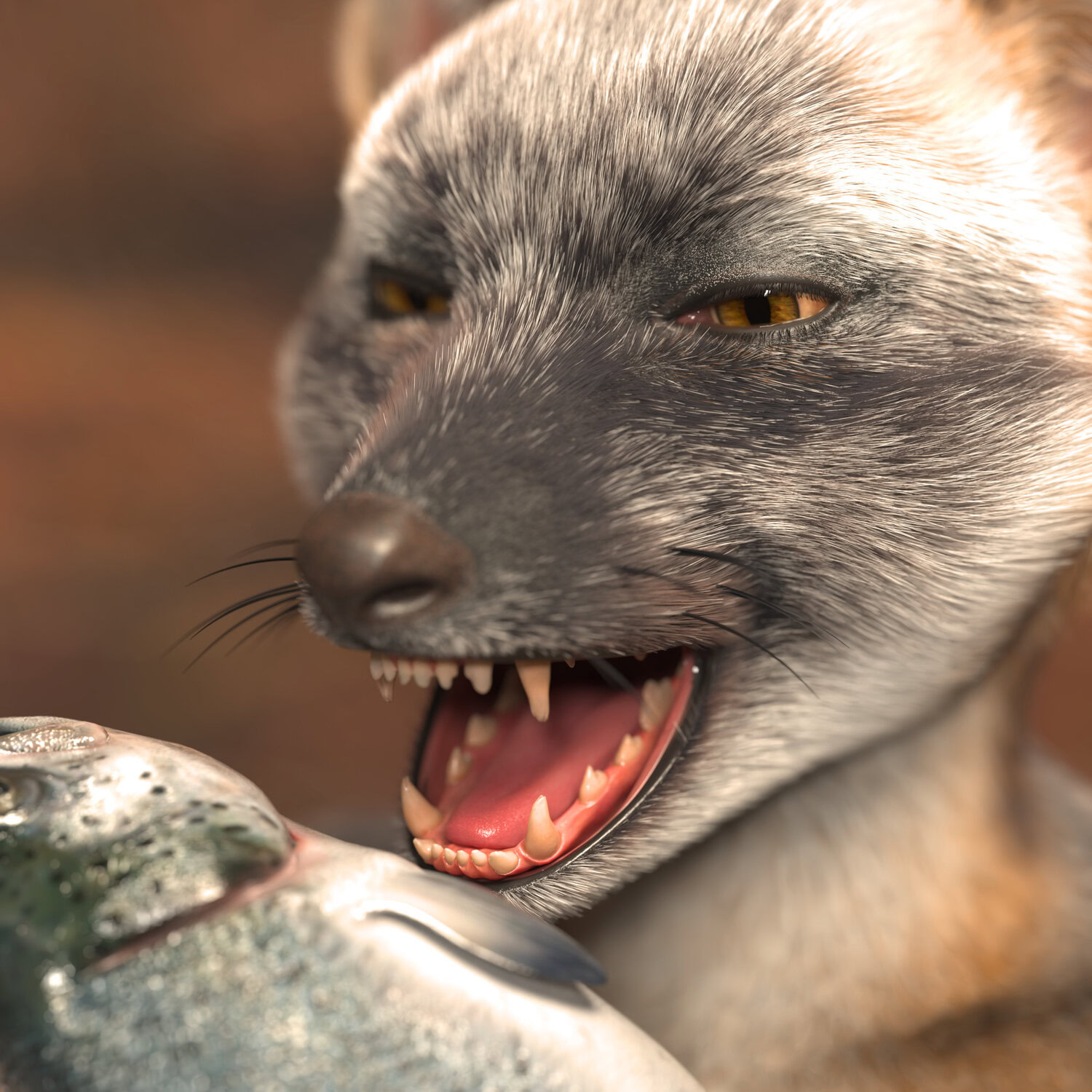 Realistic wolf snarling with fish, detailed fur, intense eyes, natural outdoor scene.