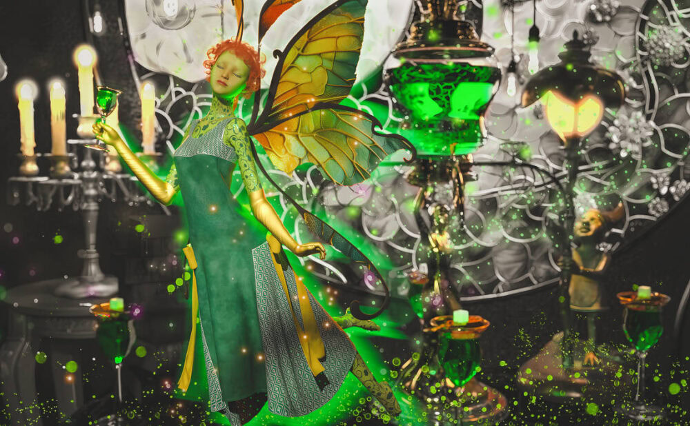 Absinthe green fairy with butterfly wings holding a glowing emerald drink in an enchanted parlor