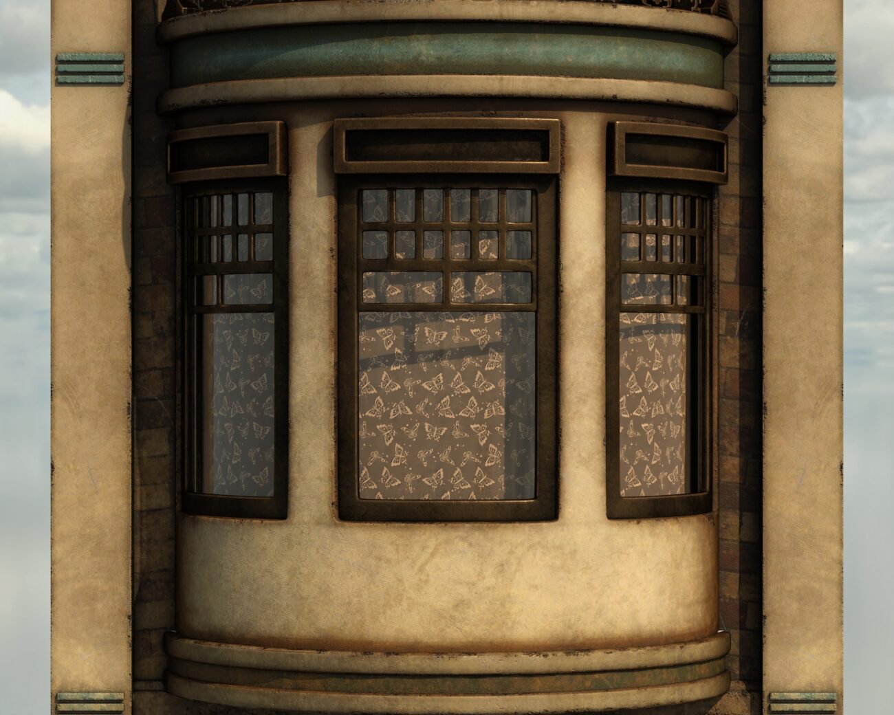 Vintage Art Deco bay window with textured glass, turquoise accents, and weathered beige façade.