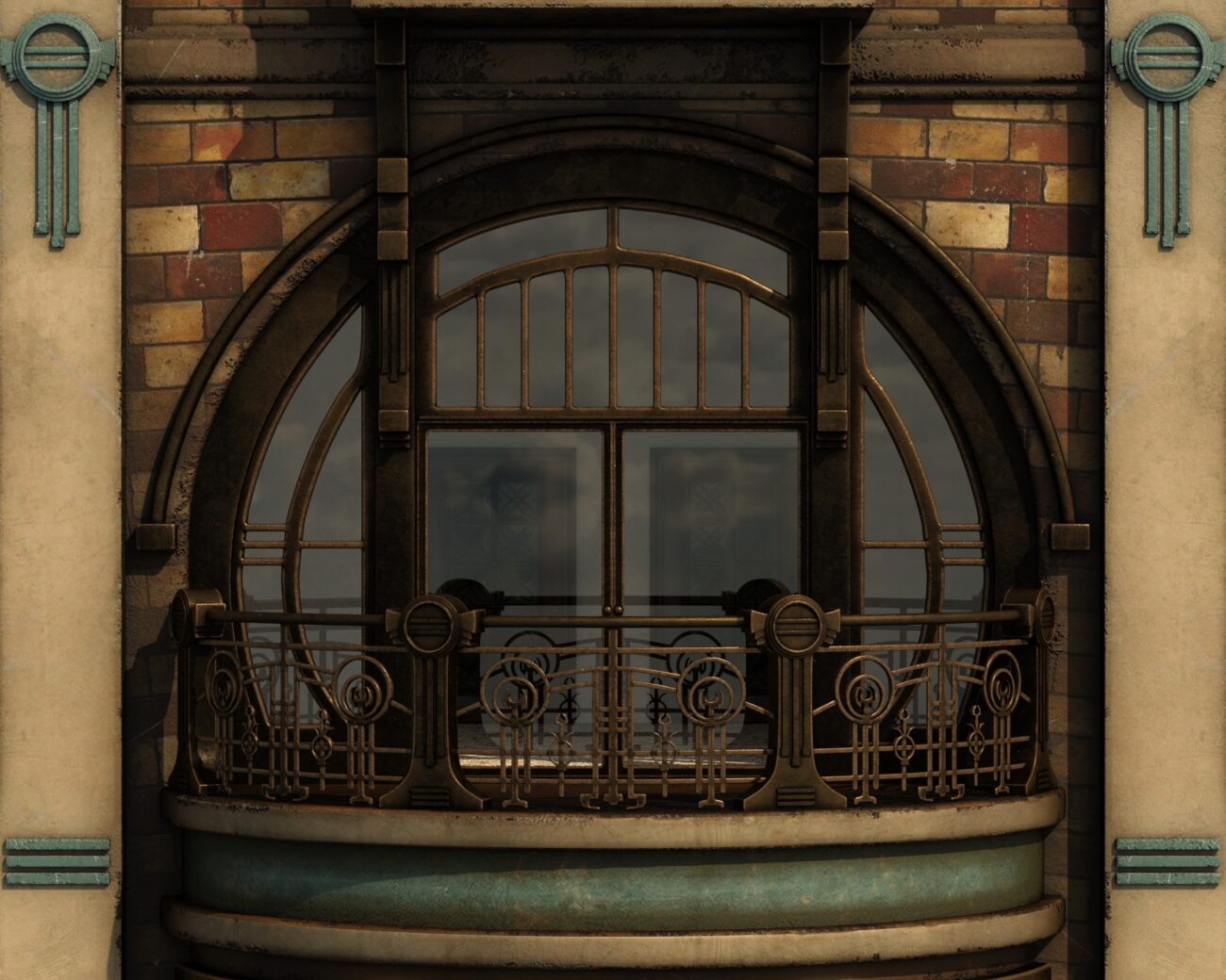 Elegant historic balcony with ornate metalwork, arched window, weathered brick, and sitting crows.