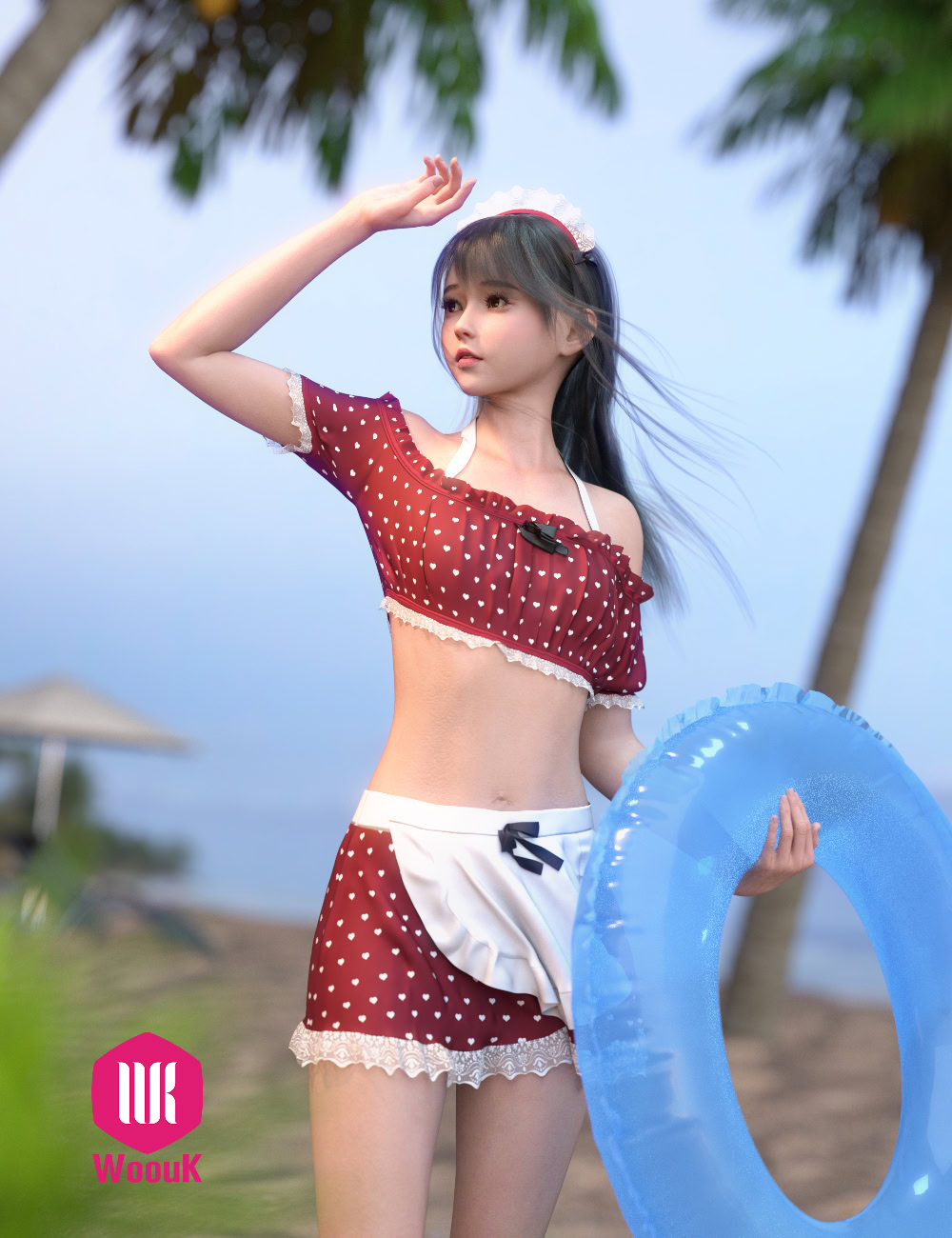 dForce WUK Maid Swimsuit for Genesis 8 & 8.1 Female 13 Young woman in polka-dot summer outfit at tropical beach with inflatable ring and serene ocean backdrop.