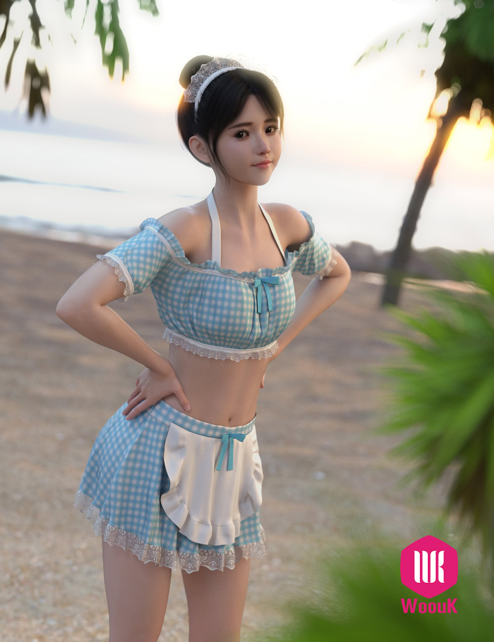 dForce WUK Maid Swimsuit for Genesis 8 & 8.1 Female 7 Young woman posing on beach at sunset in a cute maid-inspired summer outfit.