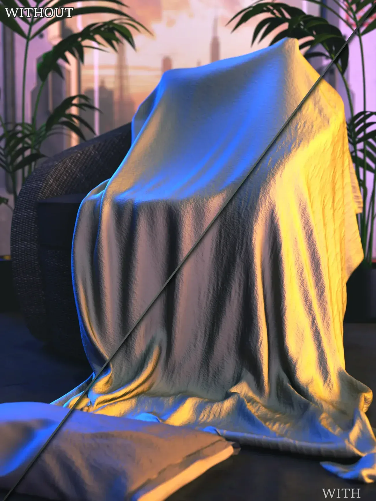Cozy interior with textured blanket, warm lighting, lush plants, and sunset view highlighting relaxed ambiance.