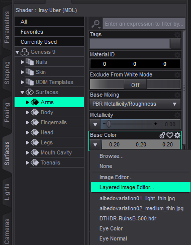 DAZ Studio shader editing on a character’s arm with layered textures.