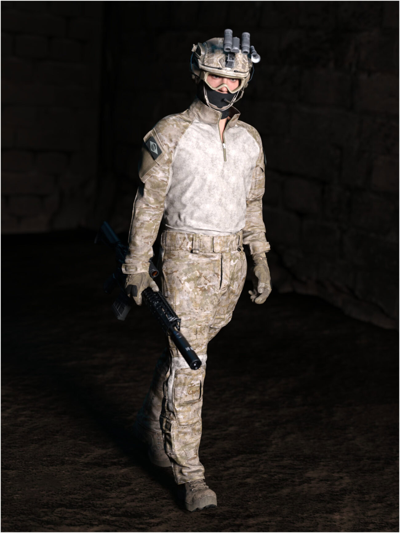 Modern soldier in desert camouflage with night vision gear and tactical rifle in low-light setting.