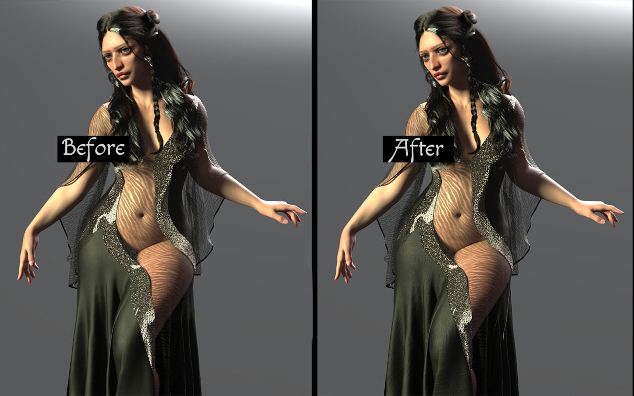 Comparison of digital female model before and after enhancement highlighting improved realism and lighting.