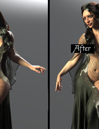 Comparison of digital female model before and after enhancement highlighting improved realism and lighting.