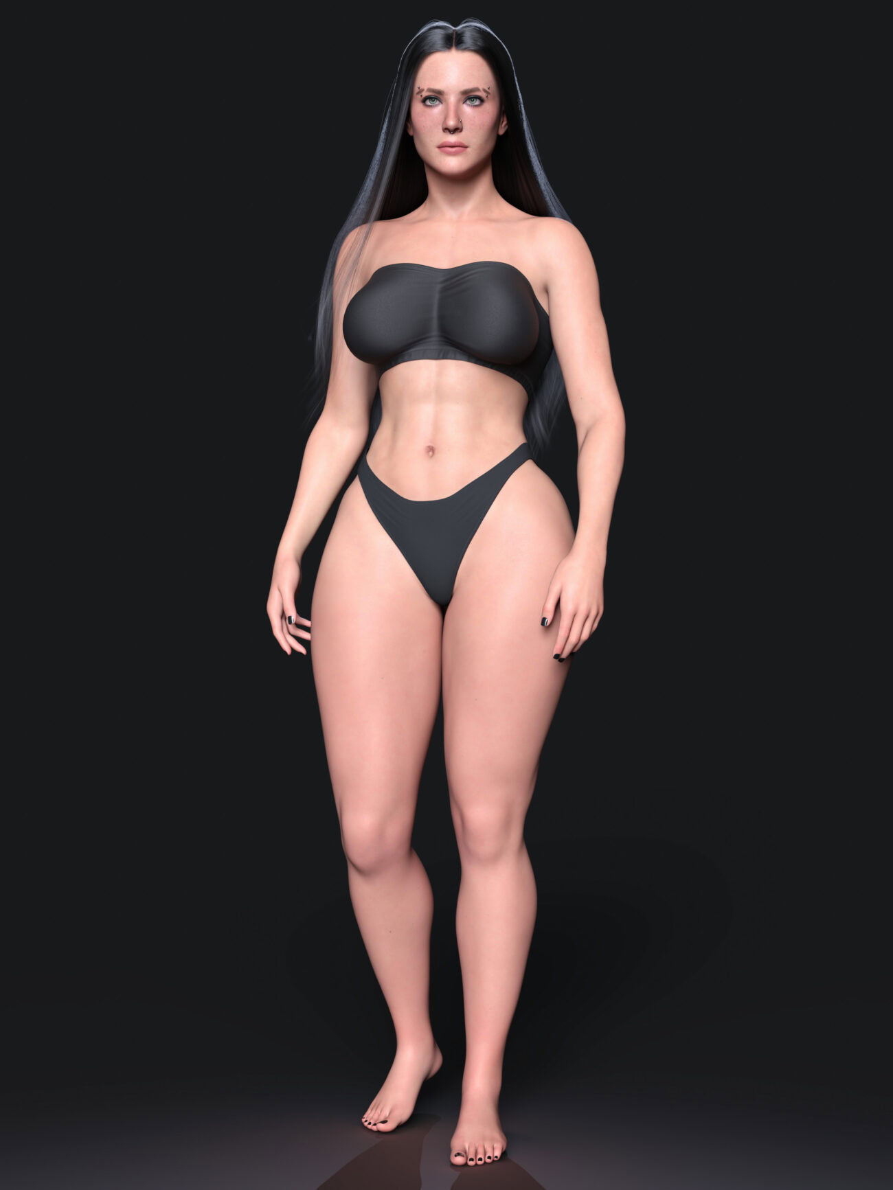 Realistic digital female model in black bikini standing barefoot against dark background.