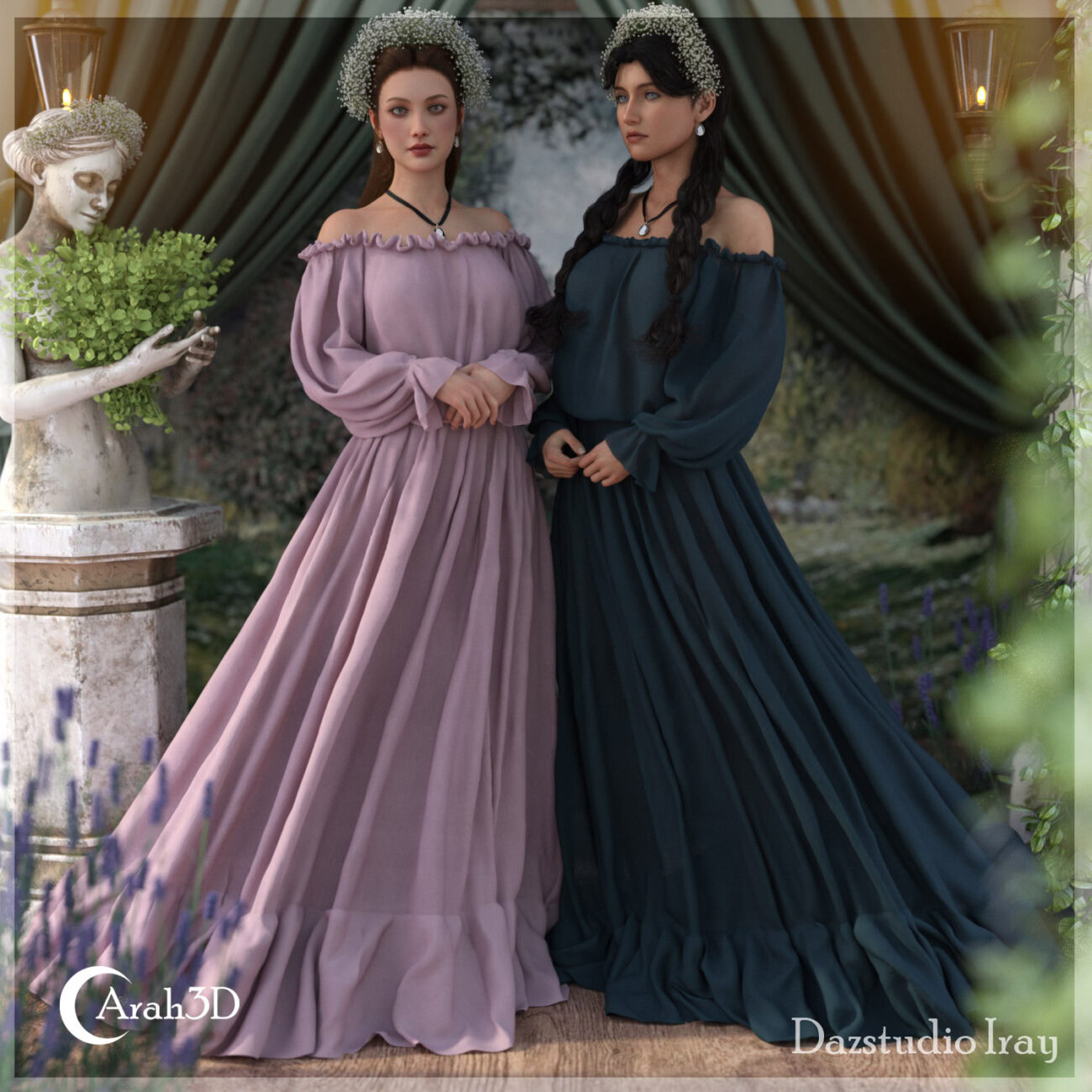 Elegant women in floral crowns and vintage gowns pose in a romantic garden setting.