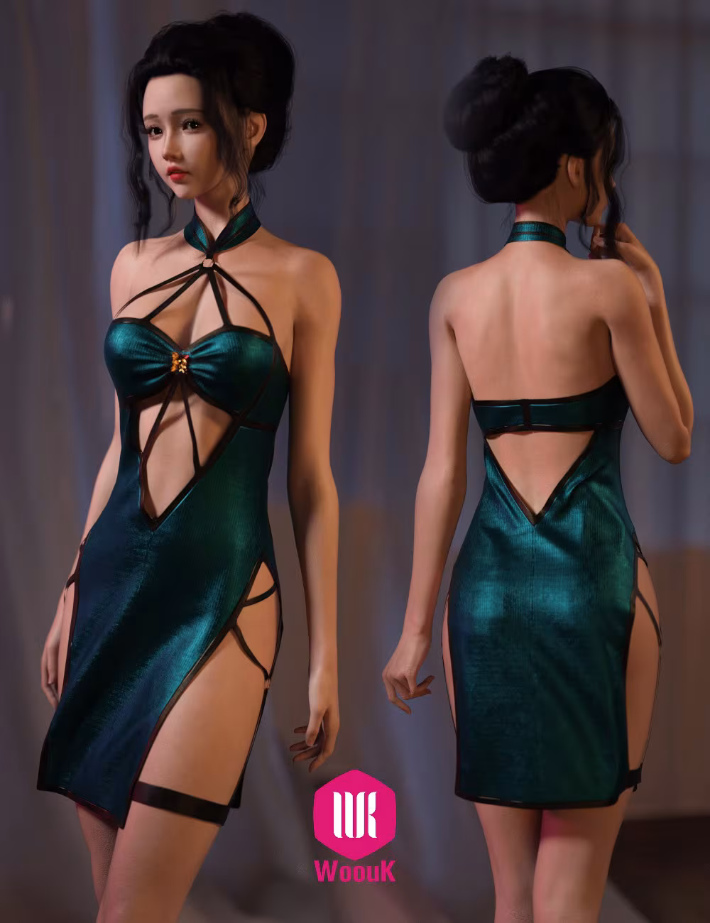 Digital rendering of a woman in a metallic teal cut-out evening gown with asymmetrical hem.