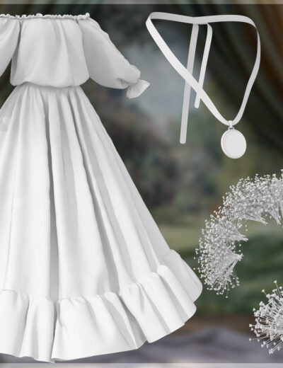 Elegant white wedding dress with pearl jewelry and floral hair accessories in a romantic garden setting.