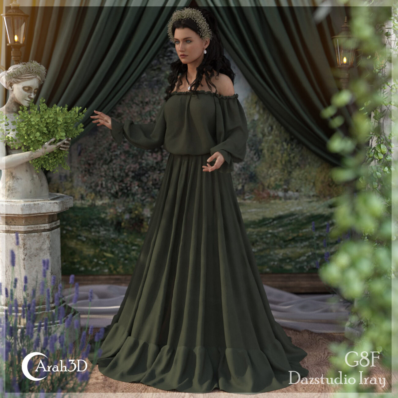 Elegant woman in green gown in enchanted garden with statues, lush foliage, and soft golden light