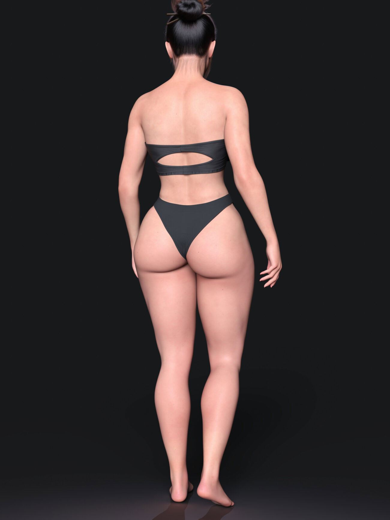3D female model in sleek backless bodysuit highlighting anatomy and modern fashion design.