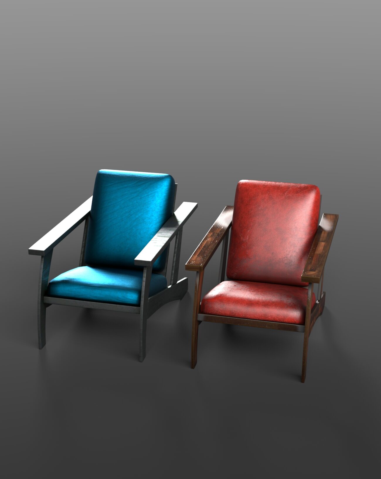 Pair of vibrant mid-century modern armchairs with wooden frames, teal and red upholstery, against gray background.