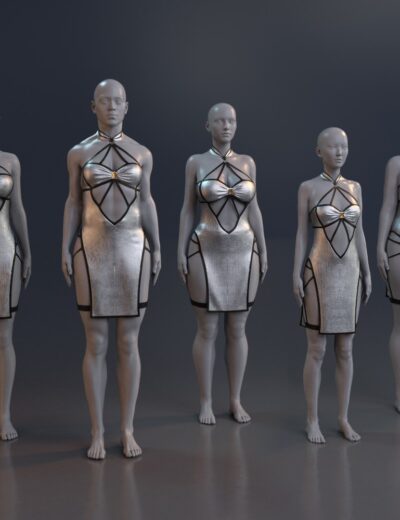 Futuristic android models in metallic silver dresses with circuitry patterns, sleek and symmetrical.