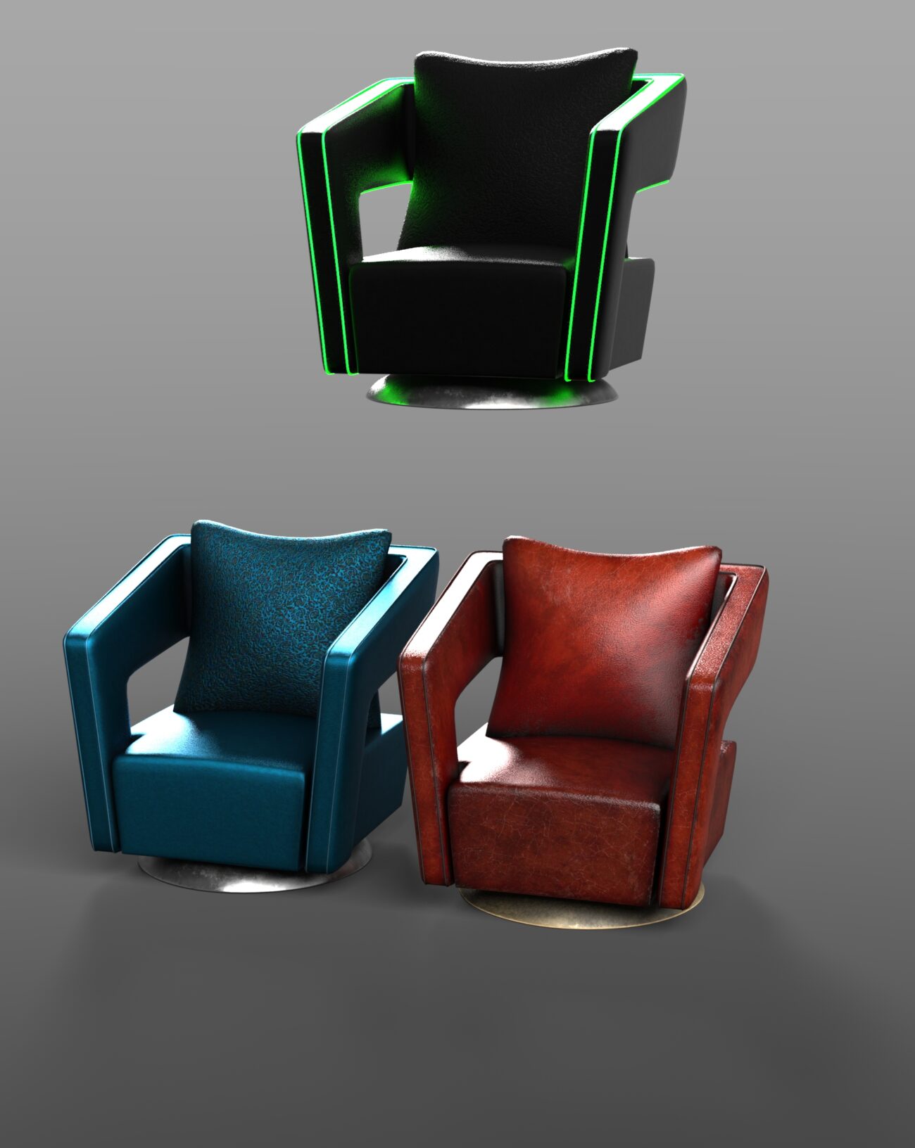 Modern armchairs with neon accents, glossy blue, and rich red-brown textures, stylish furniture design.
