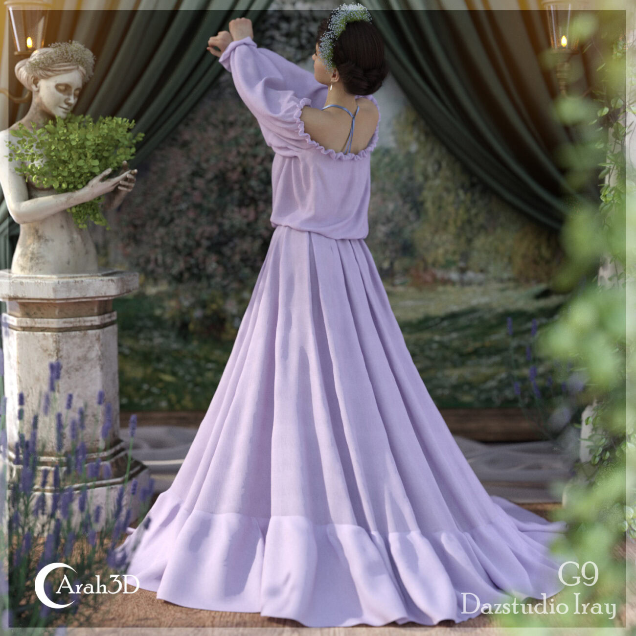 Elegant woman in lavender gown with classical statue in lush, dreamy garden setting