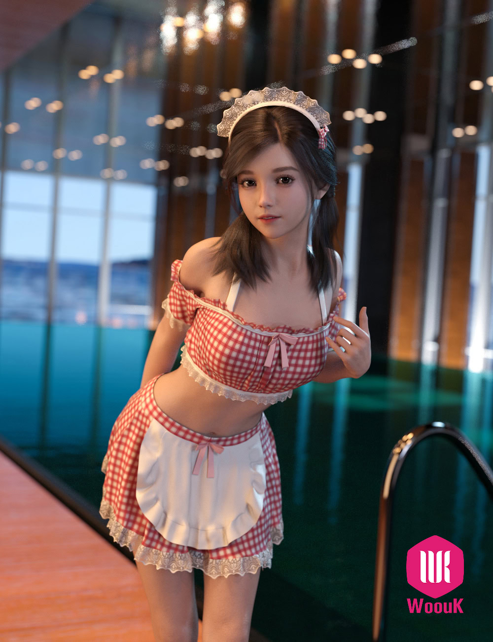 dForce WUK Maid Swimsuit for Genesis 8 & 8.1 Female 6 Realistic 3D maid character beside indoor pool at dusk with detailed outfit and serene expression.