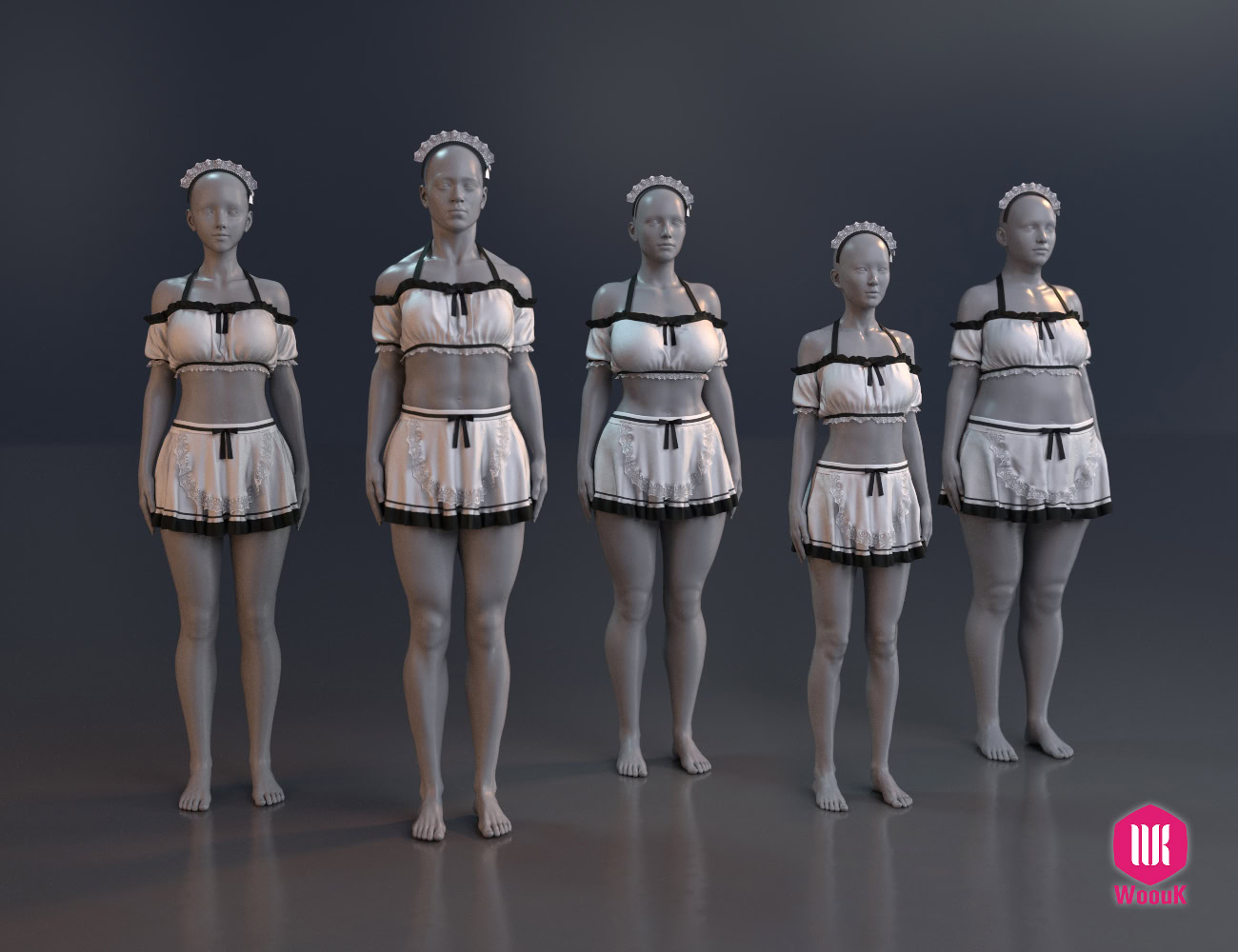 dForce WUK Maid Swimsuit for Genesis 8 & 8.1 Female 16 Five 3D maid models with diverse body types in matching outfits against gray background.
