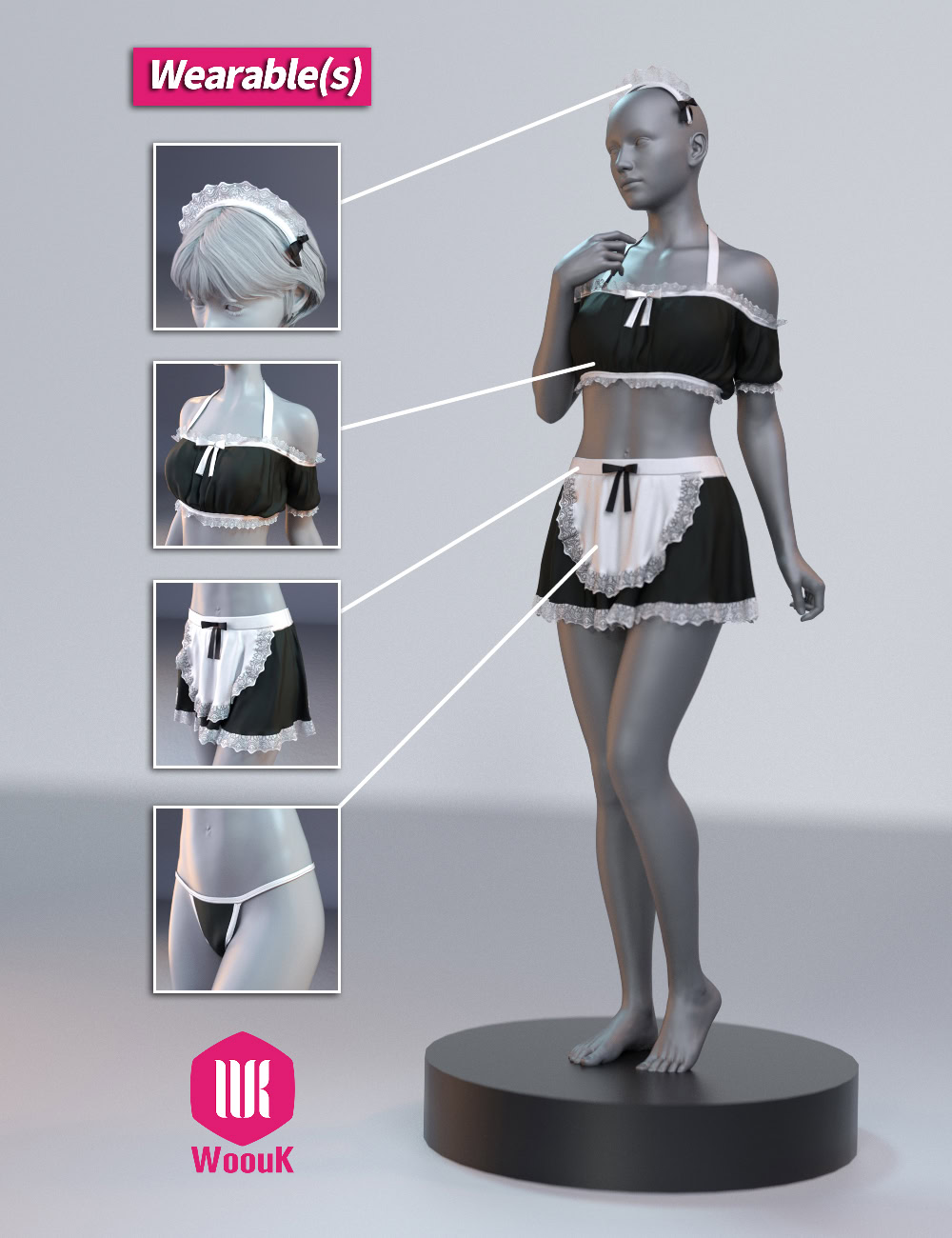 dForce WUK Maid Swimsuit for Genesis 8 & 8.1 Female 4 3D maid costume for digital avatars with lace, bow, and frilly headband details.