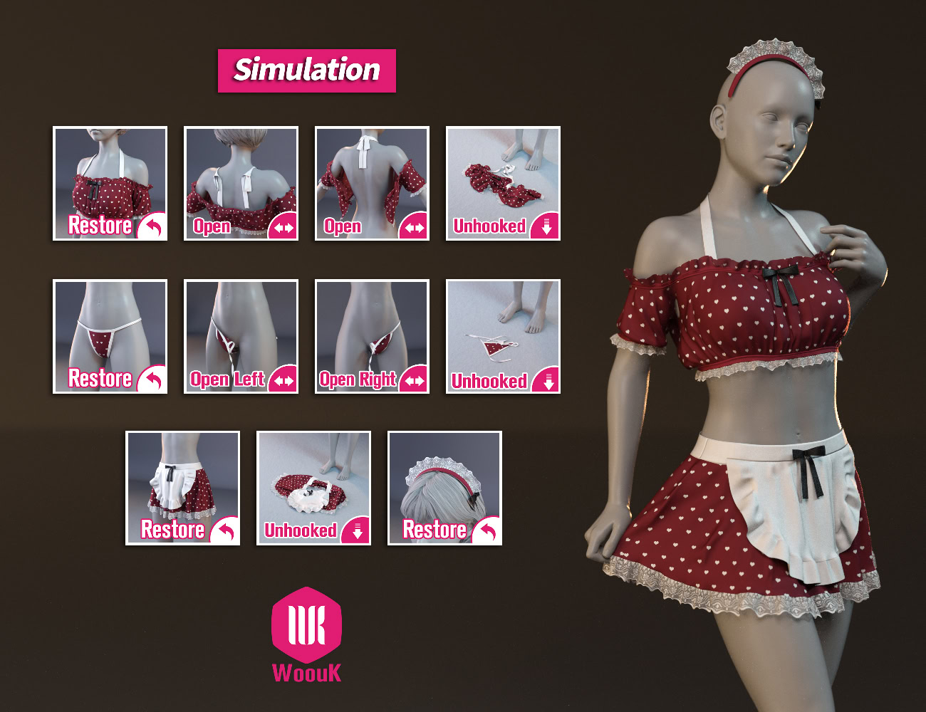 dForce WUK Maid Swimsuit for Genesis 8 & 8.1 Female 12 3D vintage maid outfit with customizable top, skirt, apron, and interactive simulation features.