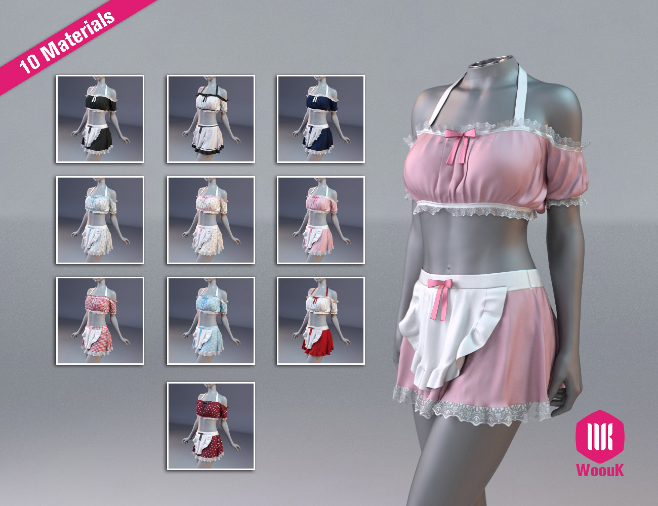 dForce WUK Maid Swimsuit for Genesis 8 & 8.1 Female 8 3D maid costume with customizable colors, materials, lace, and bow details for virtual fashion.