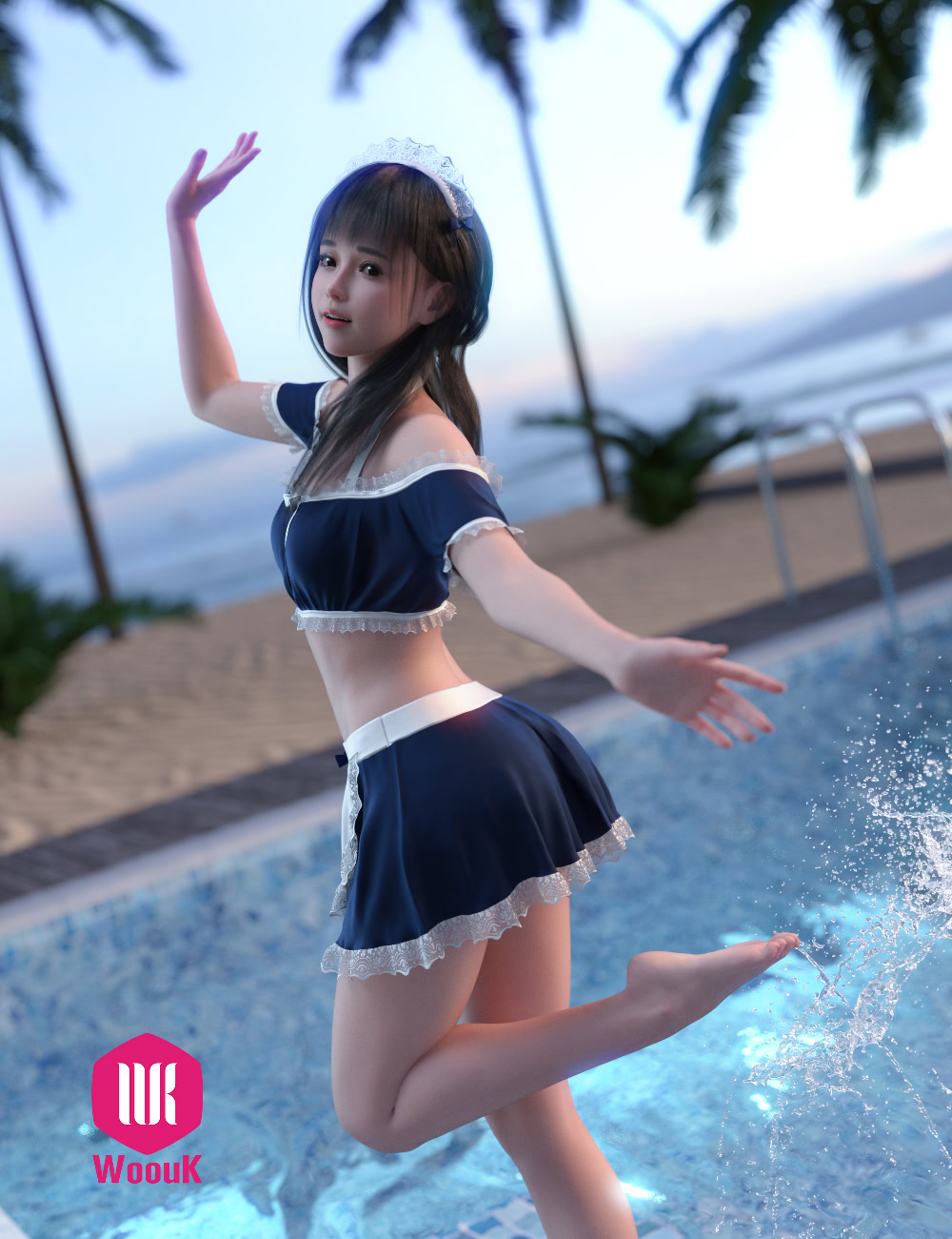 dForce WUK Maid Swimsuit for Genesis 8 & 8.1 Female 5 Woman in navy sailor outfit relaxing by pool at sunset with palm trees and beach scenery.