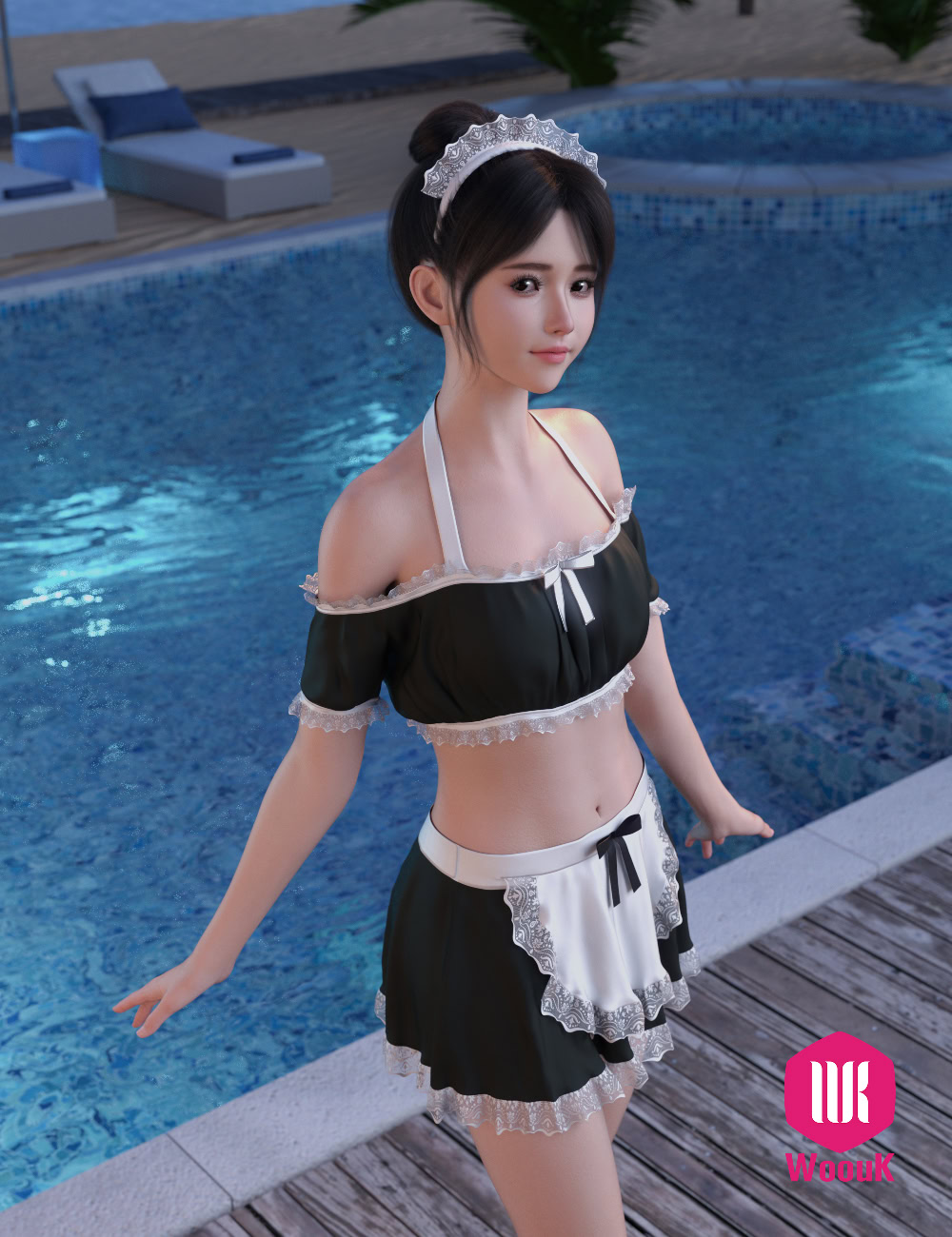 dForce WUK Maid Swimsuit for Genesis 8 & 8.1 Female 3 Anime-style maid girl relaxing by the pool in a 3D-rendered swimsuit scene.