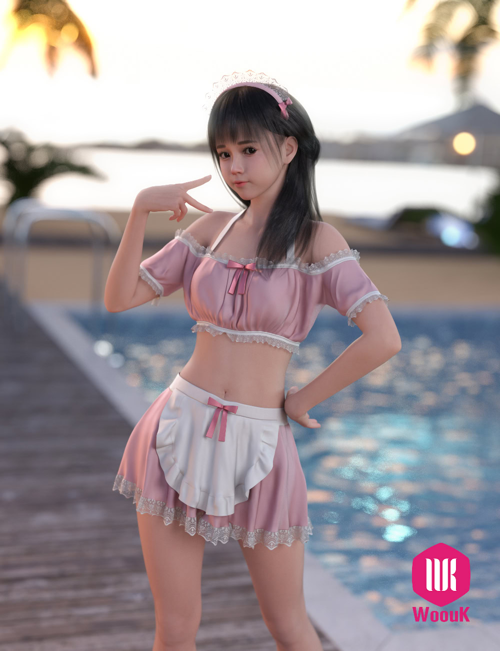 dForce WUK Maid Swimsuit for Genesis 8 & 8.1 Female 9 Playful cosplay girl in pink swimsuit by pool at sunset with tropical scenery and soft lighting.