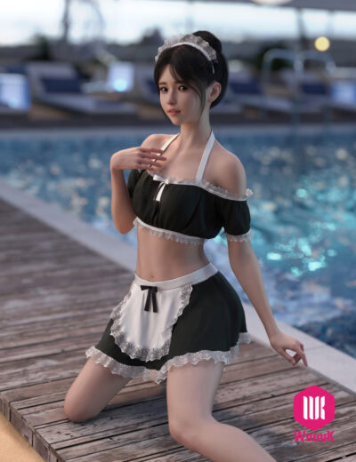 Stylish maid-inspired swimsuit posing by poolside at sunset in luxurious outdoor setting