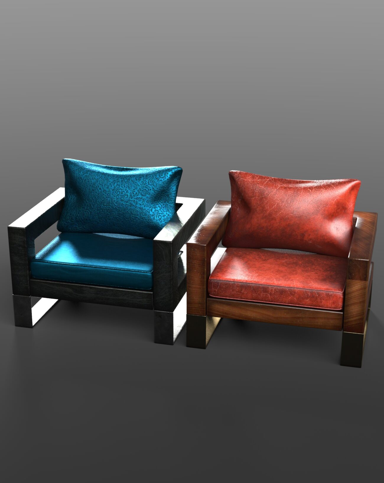 Modern blue and red leather armchairs with angular wooden frames, showcasing contrasting colors and textures.