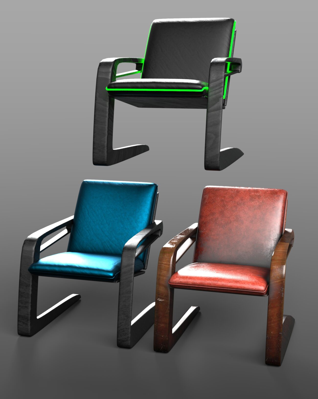 Modern versatile chairs in black, blue, and leather finishes showcasing customizable furniture styles.