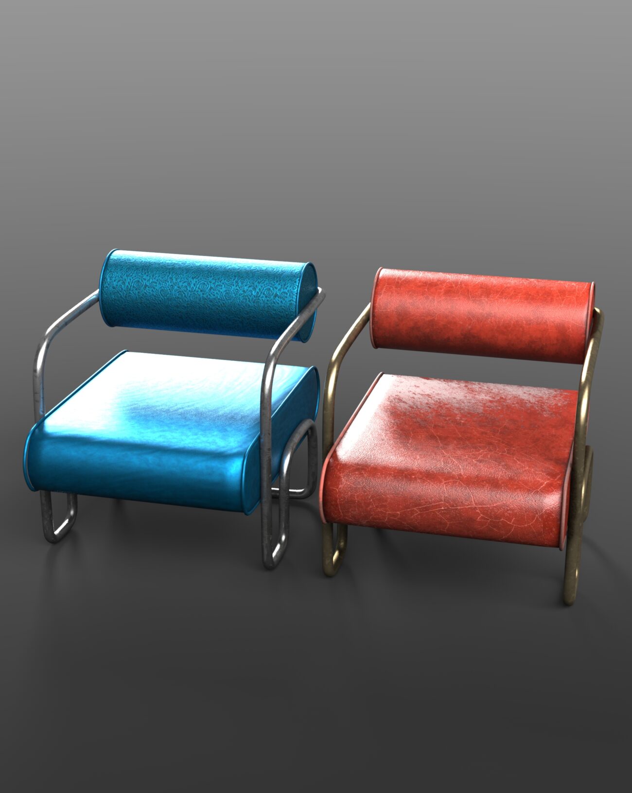 Modern metallic chairs with colorful cushions, minimalist design, perfect for contemporary interior decor.