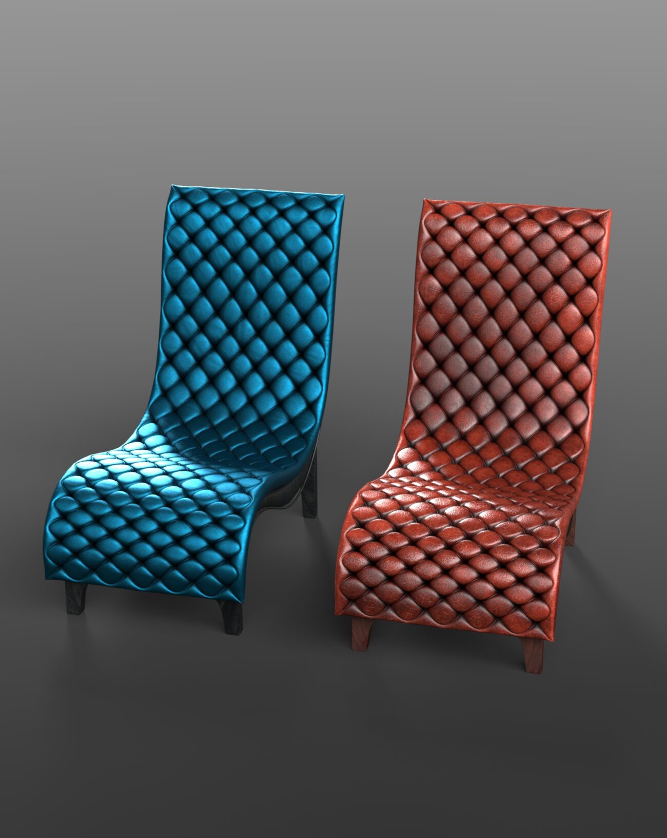 Futuristic metallic blue and red quilted sculptural chairs with reflective, luxurious surfaces.